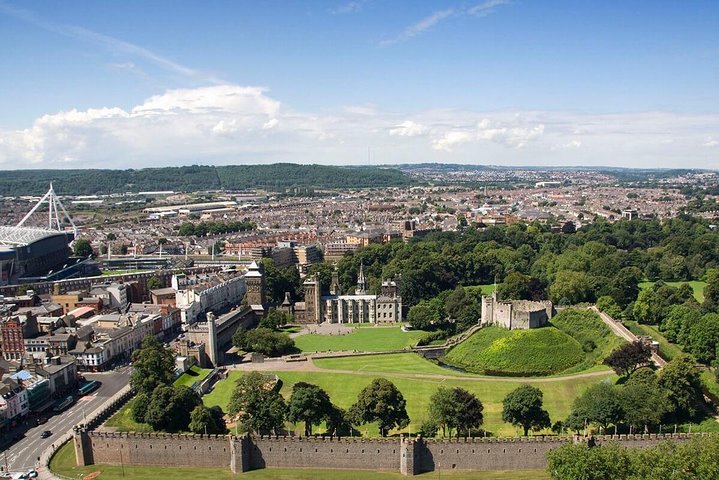 Arial view of Cardiff Castle and the surround city on a sunny day